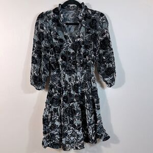 O.P.T. Crushed Velvet Floral Sheer Ruffle Coquette Mini Dress Women Size Small